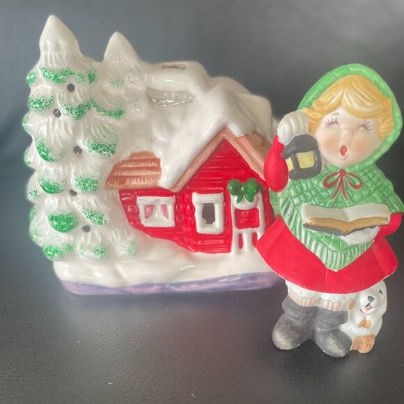 Vintage  Caroller Potpourri Figure and  House Tea Light  Holder - Picture 1 of 9